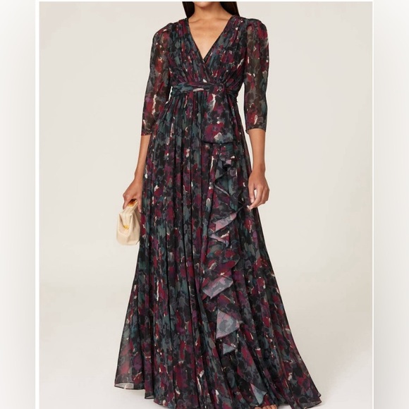 Badgley Mischka Pleated Ruffle Floral Gown, Long Sleeve Maxi Dress - Picture 2 of 10